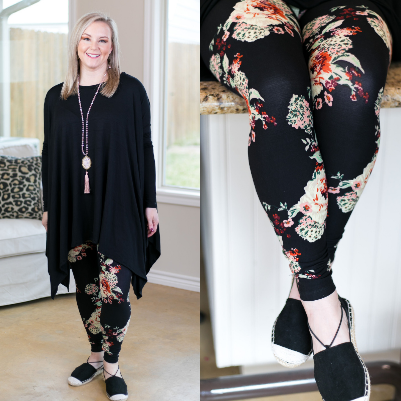 This Is The Life Floral Print Leggings in Black - Giddy Up Glamour Boutique