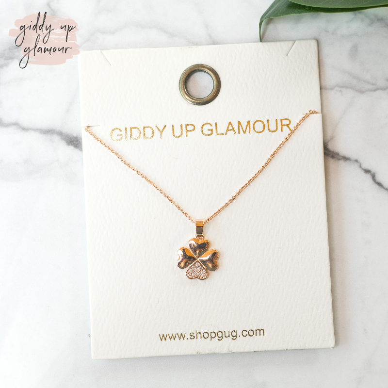 Rose Gold CZ Four Leaf Clover Necklace - Giddy Up Glamour Boutique