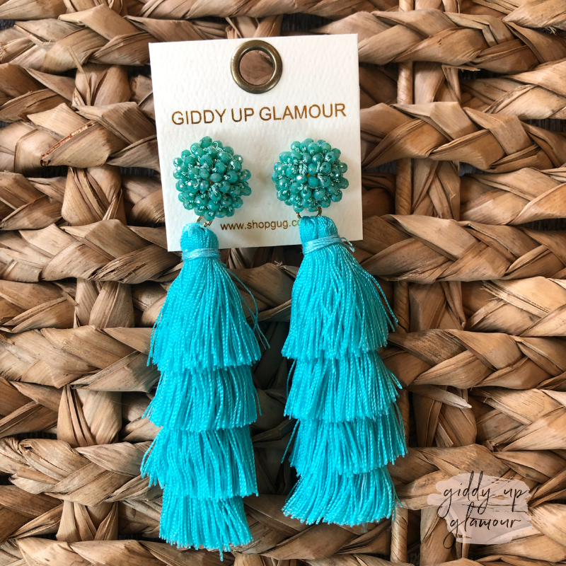 Layered Tassel Earrings with Statement Beaded Stud in Turquoise - Giddy Up Glamour Boutique