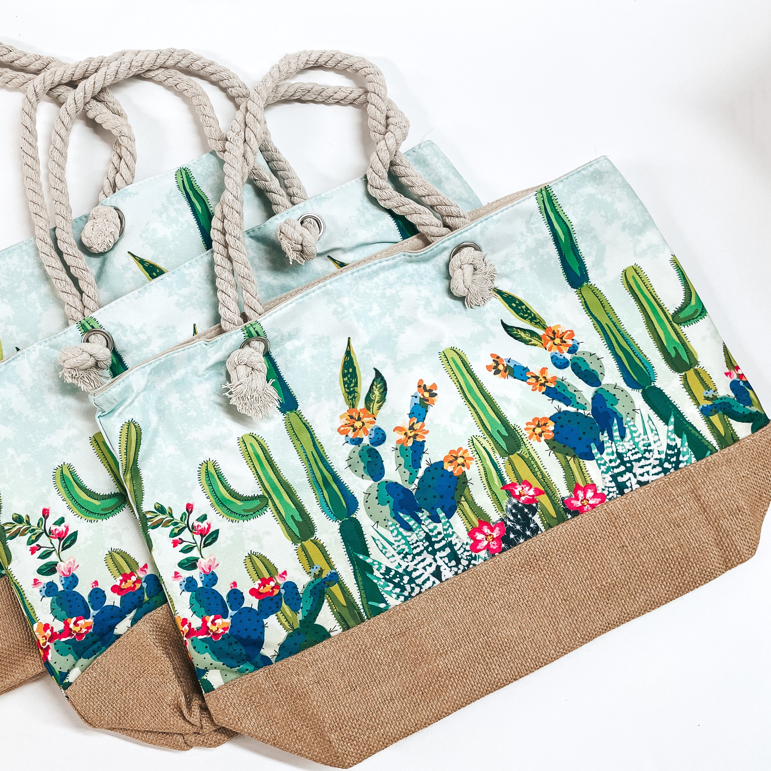 Cute Cactus Tote Bag with Canvas Detailing and Rope Handles - Giddy Up Glamour Boutique