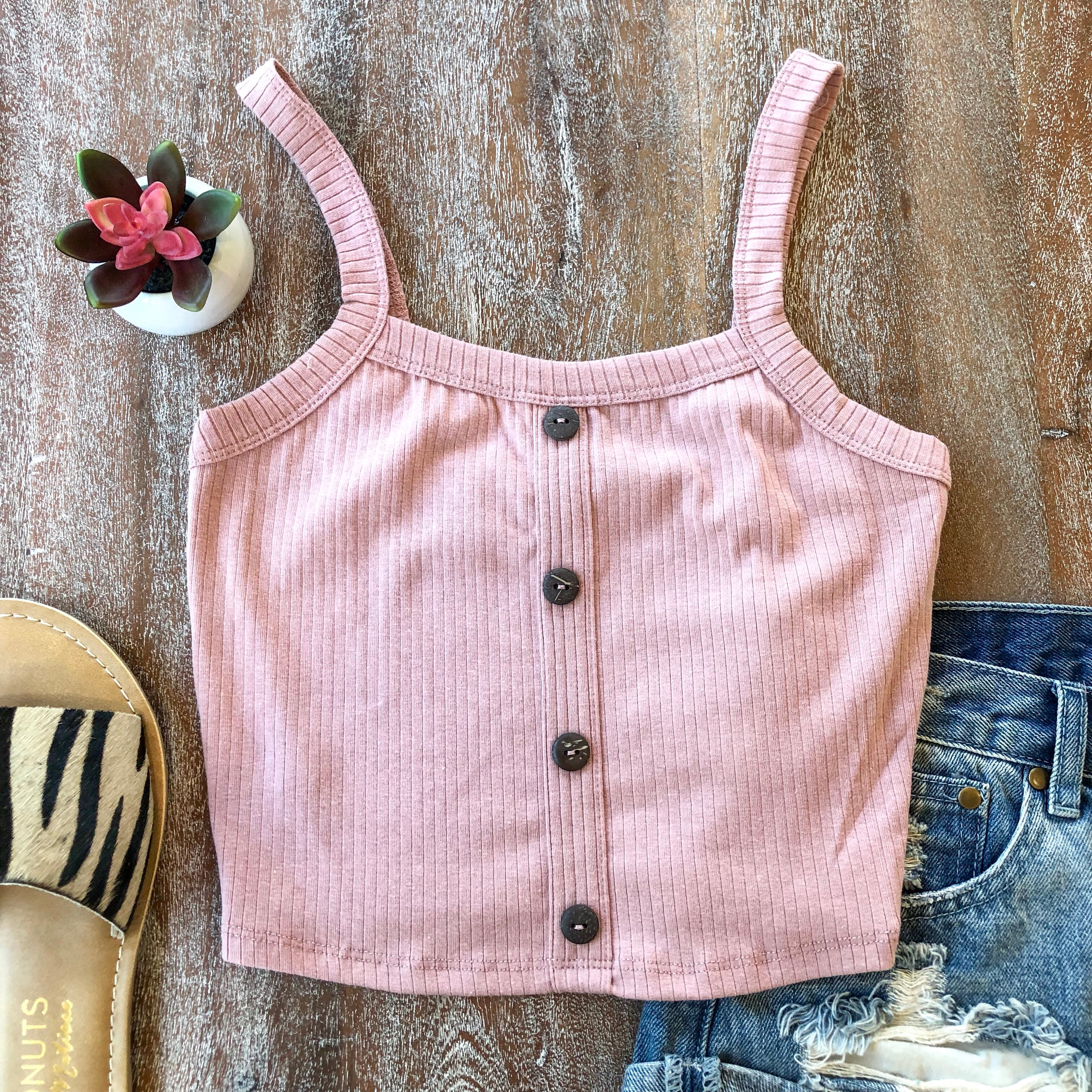 Last Chance Size Small & Large | Good Life Cropped Tank with Buttons in Rose - Giddy Up Glamour Boutique