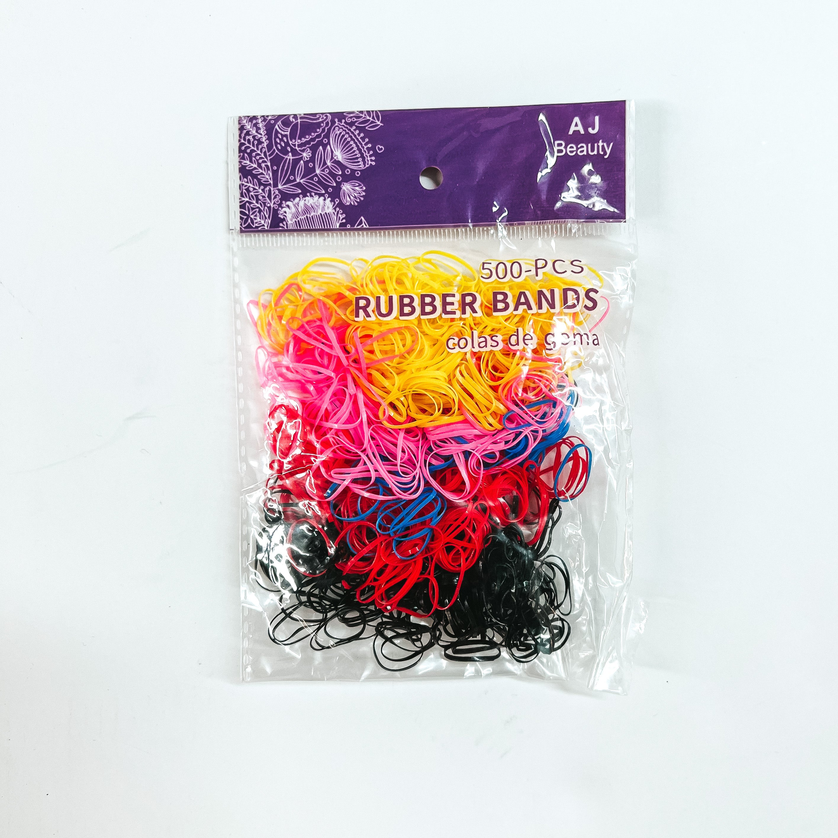 This is a pack of 500 small rubber bands in different colors such as yellow, pink, blue, red, and black. This clear and purple pack is taken on a white background,
