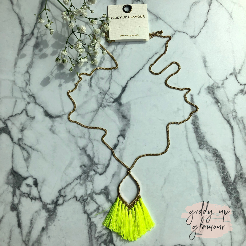 Gold Chain Lantern Outline Necklace with Fringe Tassels in Neon Yellow - Giddy Up Glamour Boutique