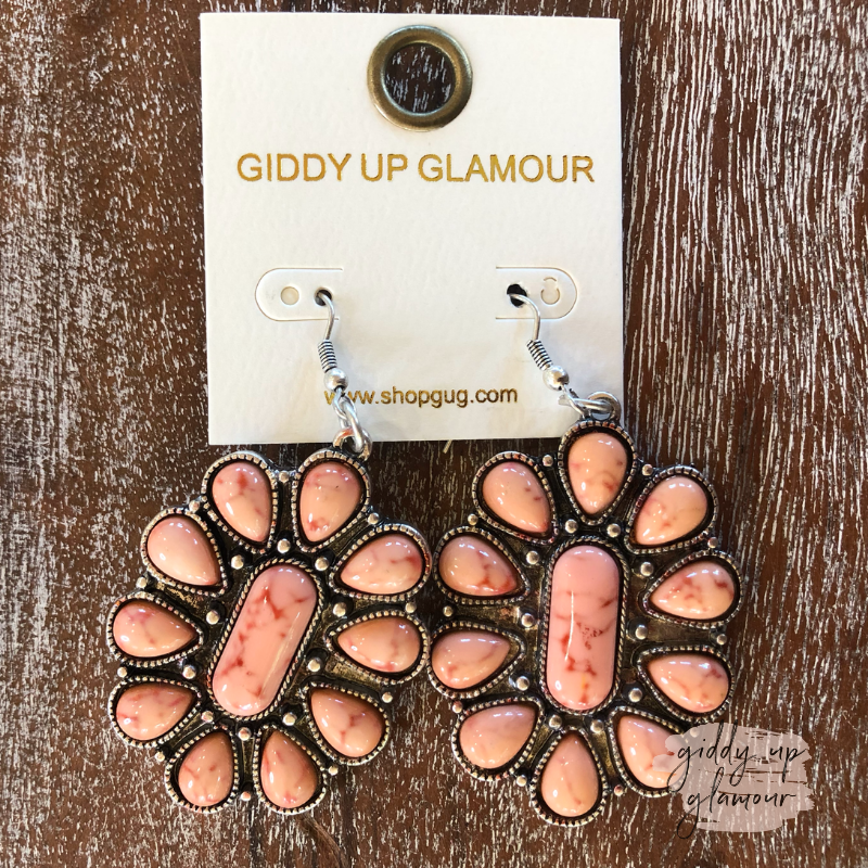 Large Stone Oval Flower Earrings in Pink - Giddy Up Glamour Boutique