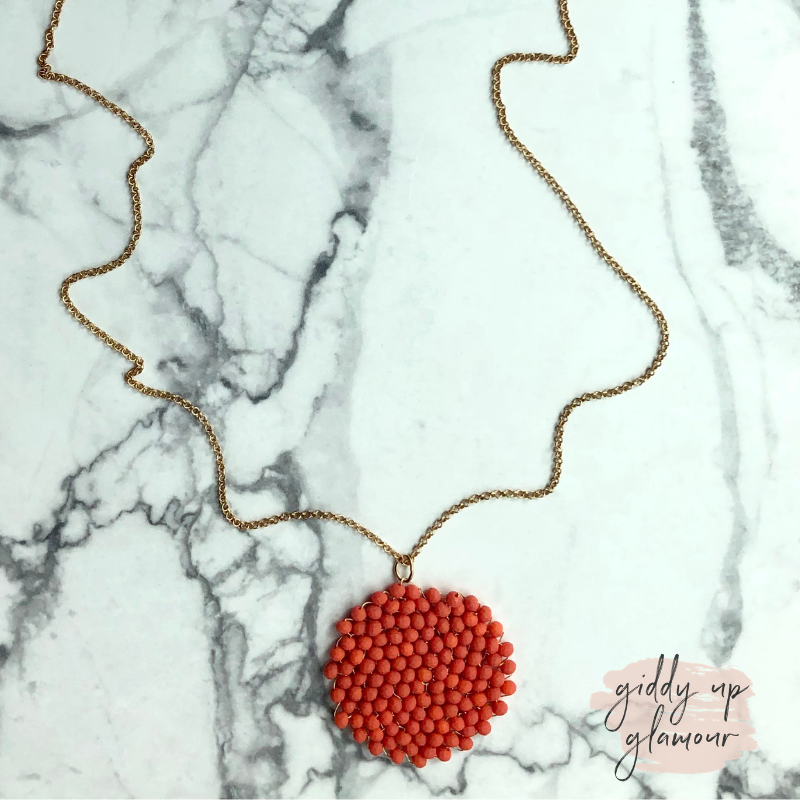 Long Necklace with Cluster Pendant in Coral Orange - Giddy Up Glamour Boutique