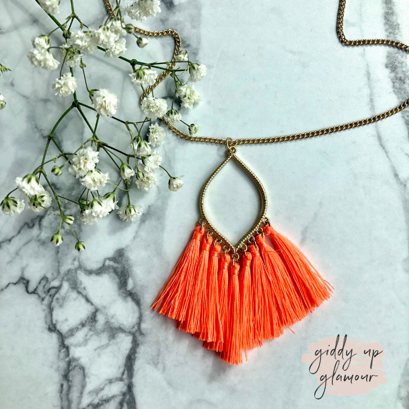 Gold Chain Lantern Outline Necklace with Fringe Tassels in Neon Orange - Giddy Up Glamour Boutique