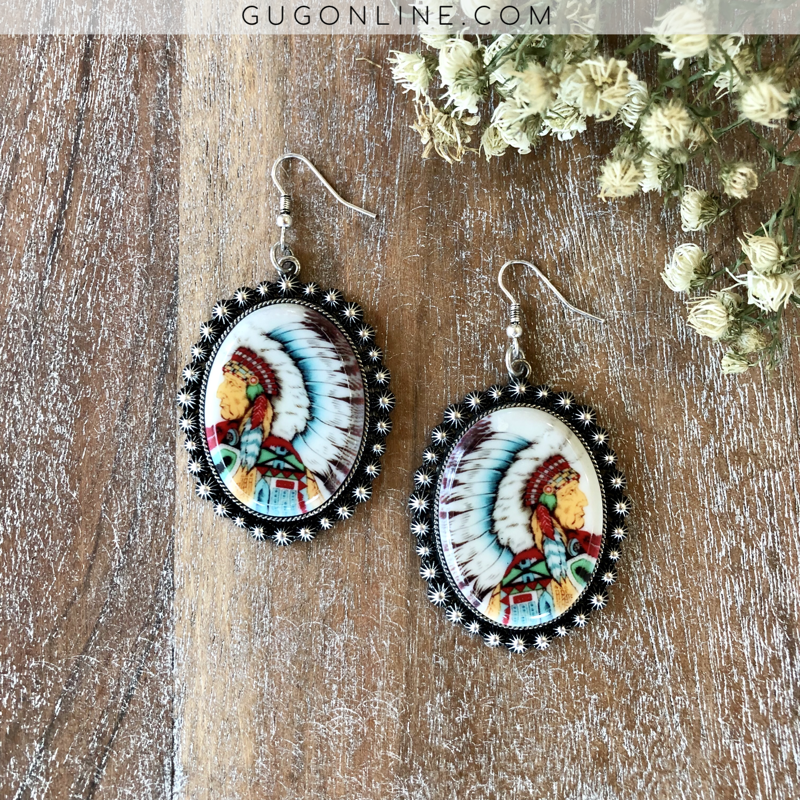 Oval Chief Earrings with Silver Studded Outline - Giddy Up Glamour Boutique