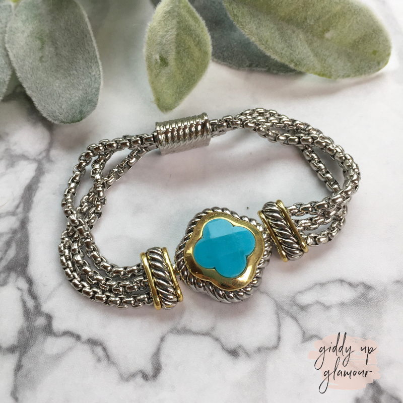 Two Toned Clover Magnetic Bracelet in Turquoise - Giddy Up Glamour Boutique