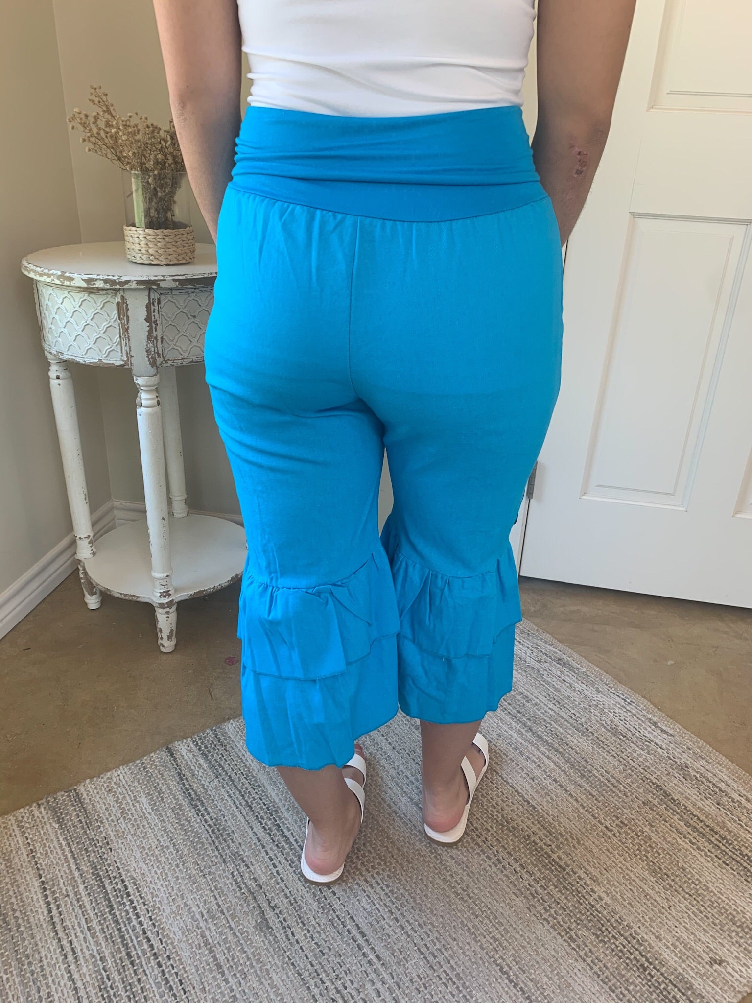 Last Chance Size Small | Ruffle Hem Cropped Pants with Buttons in Blue - Giddy Up Glamour Boutique