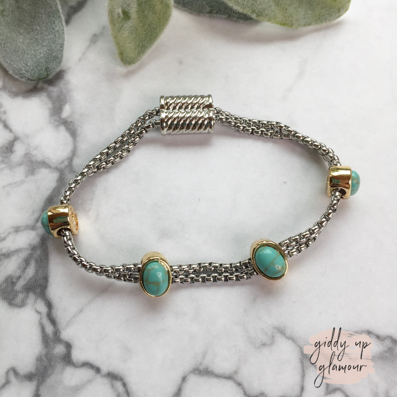 Two Toned Magnetic Bracelet with Oval Stones in Turquoise - Giddy Up Glamour Boutique