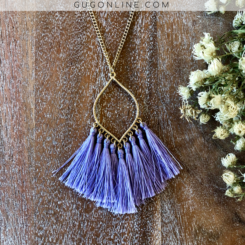 Gold Chain Lantern Outline Necklace with Fringe Tassels in Lavender - Giddy Up Glamour Boutique