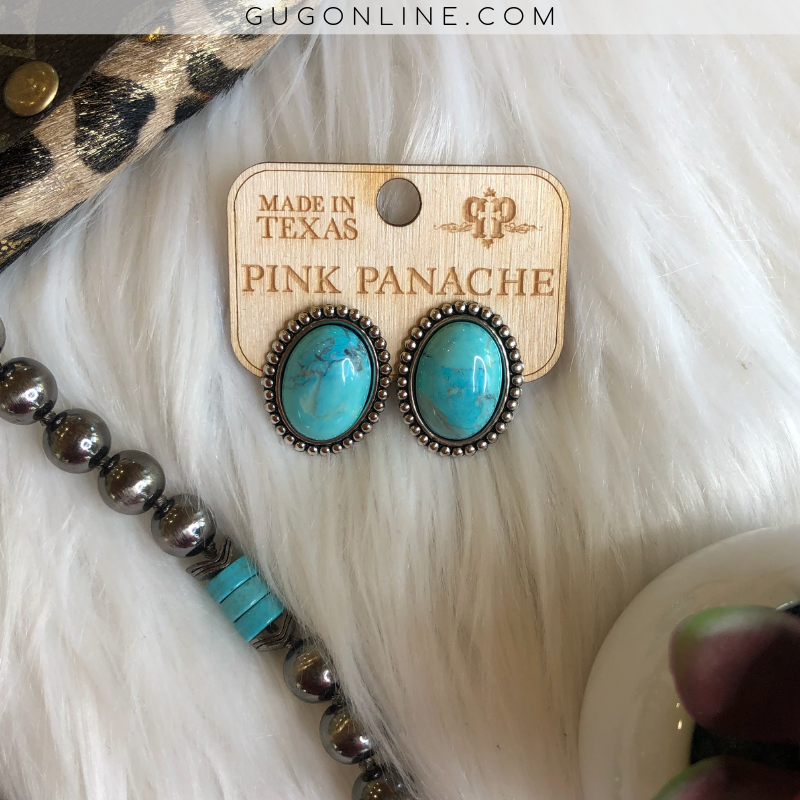 Pink Panache Mini Oval Turquoise Stone Stud Earrings - Giddy Up Glamour Boutique