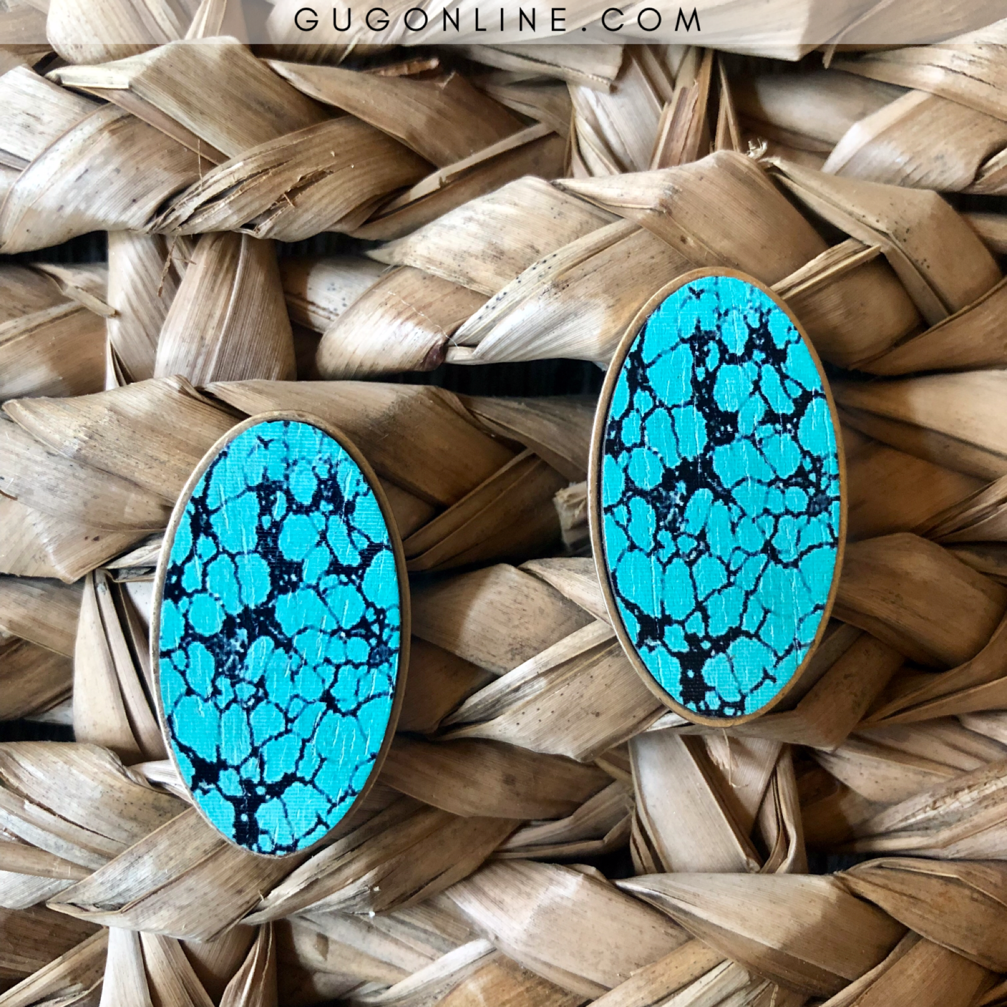 Large Turquoise and Black Oval Stud Earrings - Giddy Up Glamour Boutique