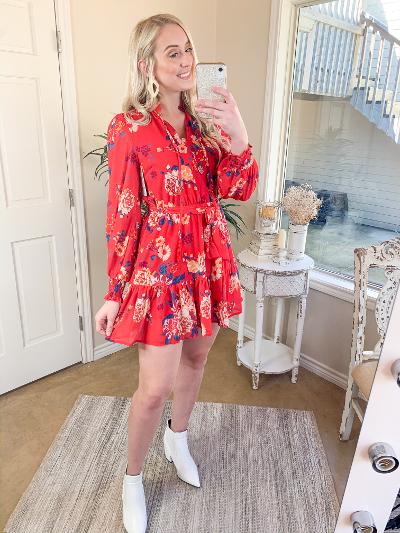 Blooming With Love Floral Long Sleeve Mini Dress with High Neck in Red