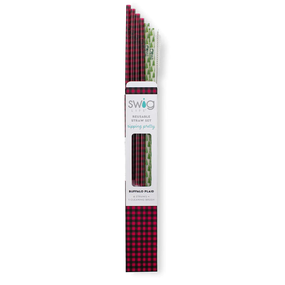 This is a pack of six straws with one cleaning brush, there are four red buffalo  plaid straws, and 2 with green trees. These items are taken on a white  background.