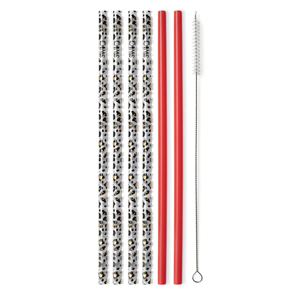 This is a pack of six straws with one cleaning brush, there are four black  and gold leopard print straws, and 2 red. These items are taken on a white  background.