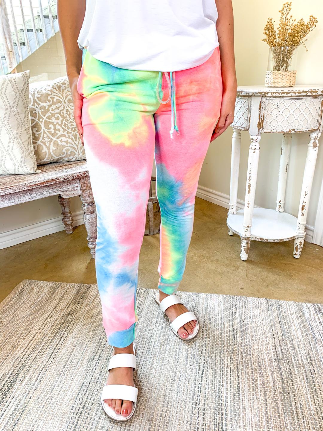 Last Chance Size S & M | Blur The Lines Tie Dye Drawstring Joggers in Neon - Giddy Up Glamour Boutique