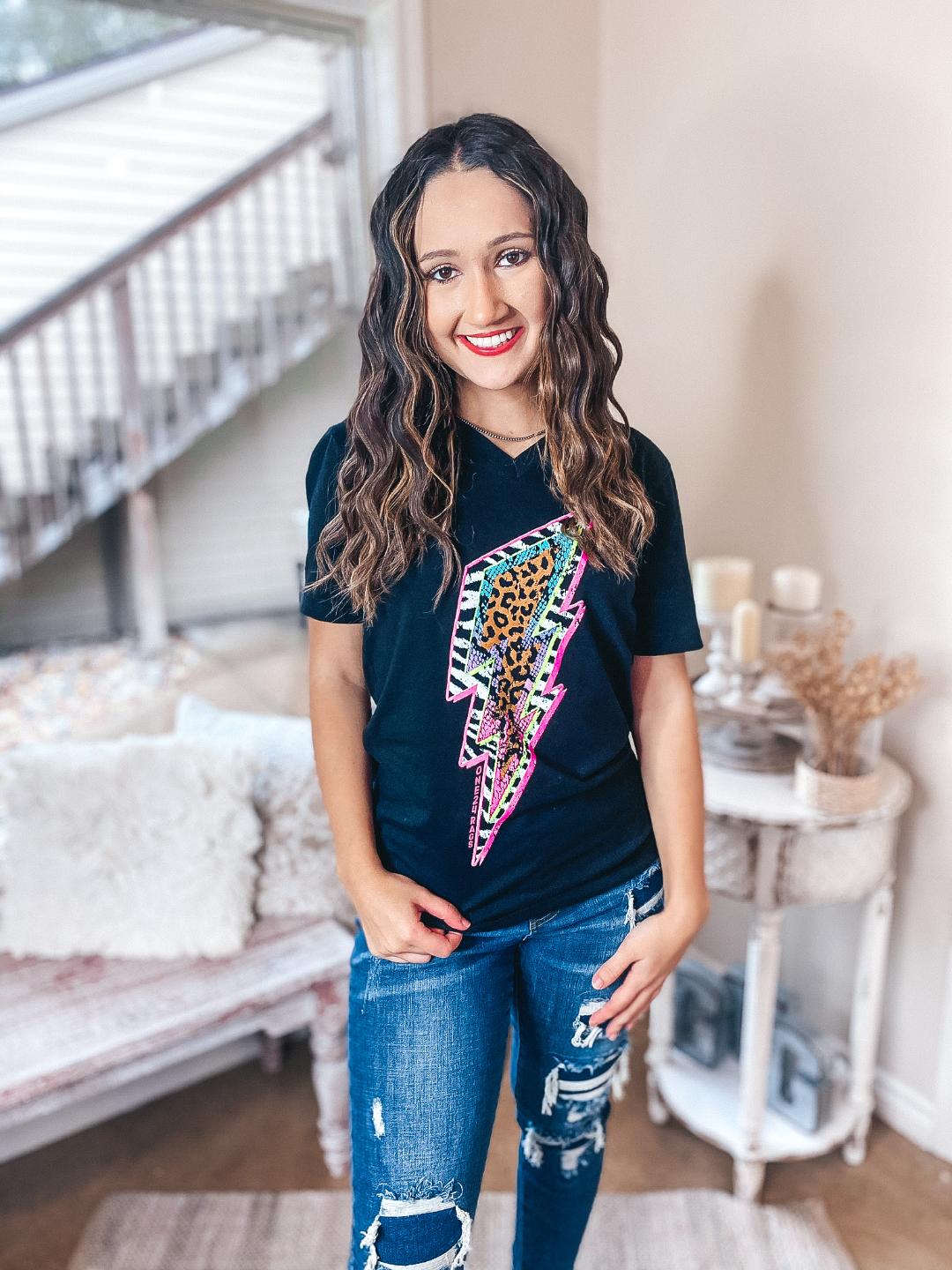 Light It Up Short Sleeve V Neck Lightning Bolt Graphic Tee in Neon - Giddy Up Glamour Boutique