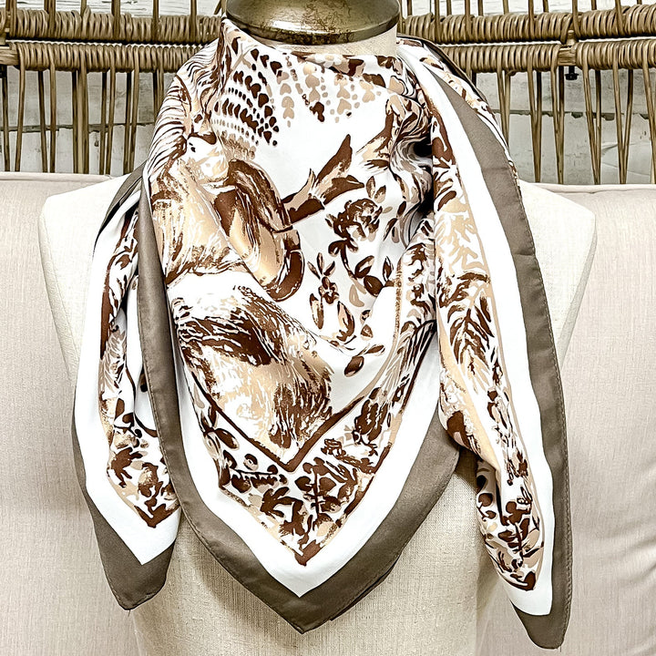 Vintage Woodland Floral Print Silk Feel Square Scarf in Neutral Brown