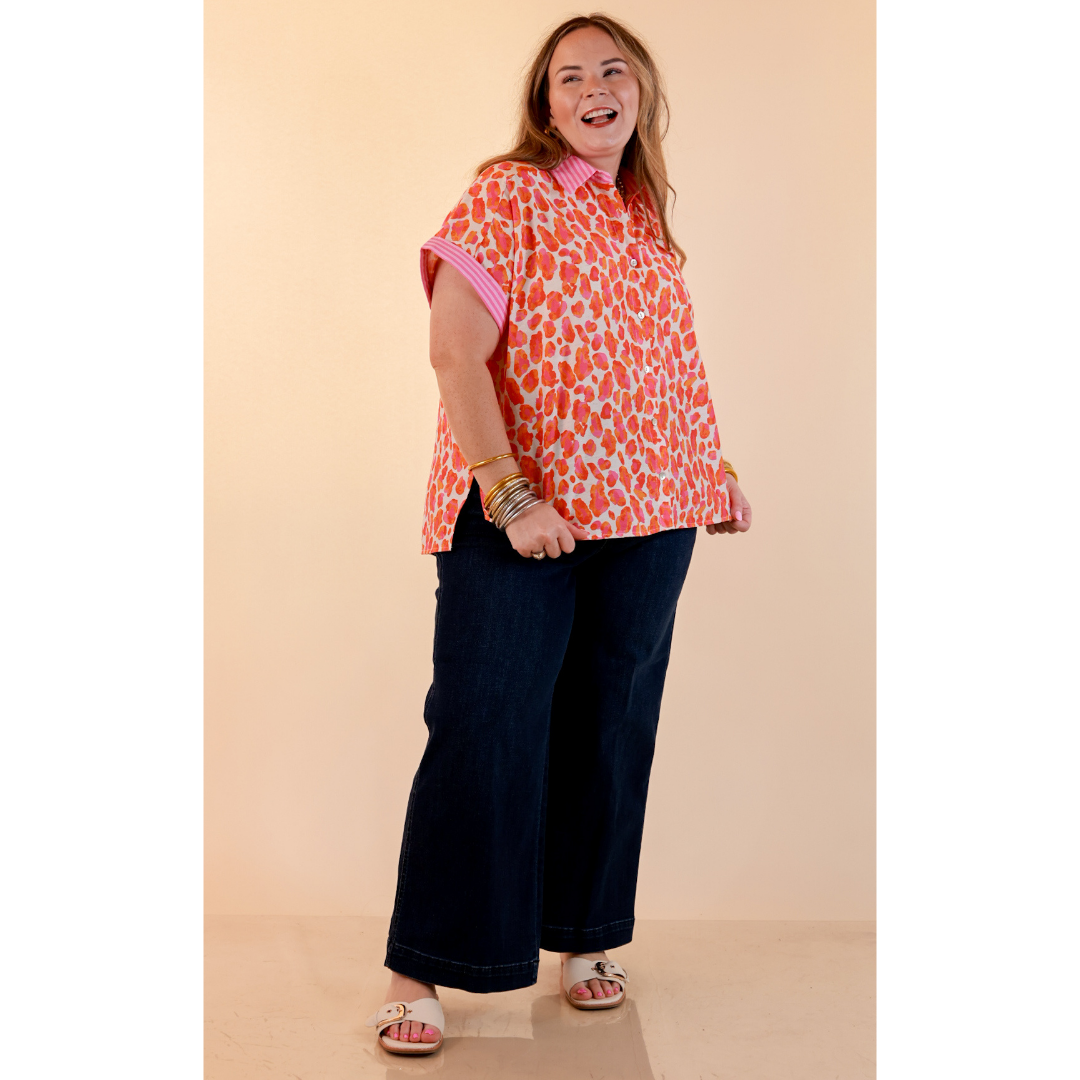Talk the Talk Leopard Print Button Front Top with Stripe Contrast Collar in Pink and Orange