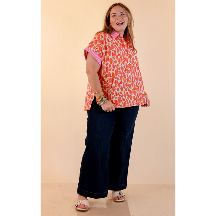 Talk the Talk Leopard Print Button Front Top with Stripe Contrast Collar in Pink and Orange