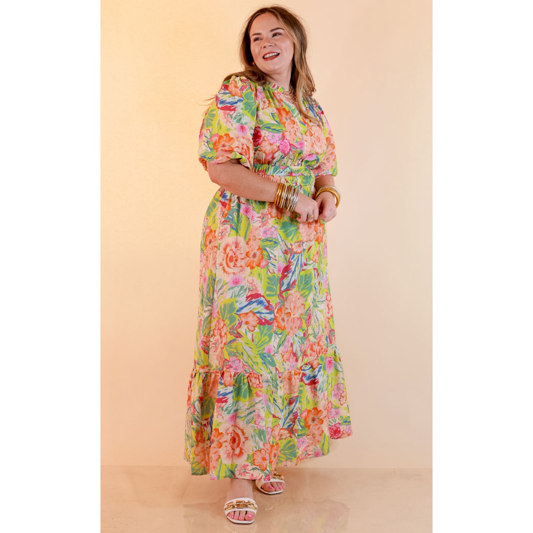 Reserved for Brunch Puff Sleeve Smocked Waist Floral Maxi Dress in Green Multi