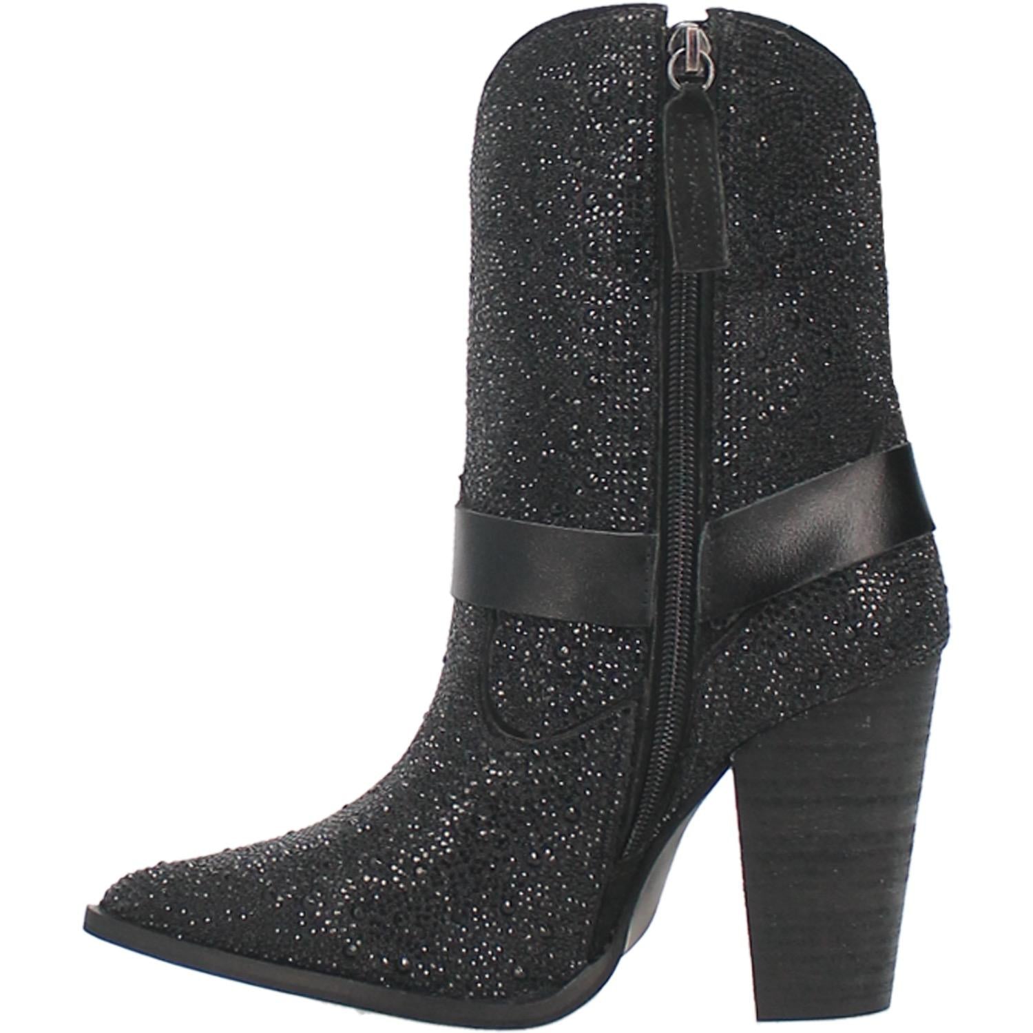 A small black bootie with rhinestones top to bottom, tall heel, V cut at the top, matching straps, and leather straps going through the middle and under the boot. Item is pictured on a plain white background