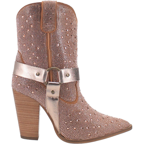 A small pink bootie with rhinestones top to bottom, tall heel, V cut at the top, matching straps, and leather straps going through the middle and under the boot. Item is pictured on a plain white background