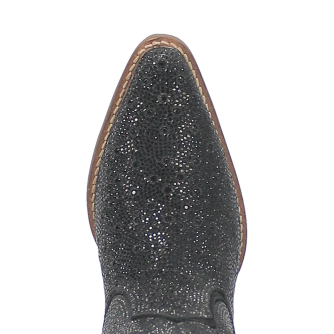 A mid calf length yellow cow print boot. Has a short heel, matching straps, a fur texture, and a V cut at the top. Item is pictured on a plain white background