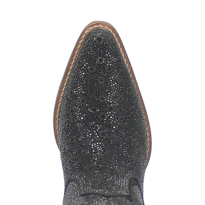 A mid calf length yellow cow print boot. Has a short heel, matching straps, a fur texture, and a V cut at the top. Item is pictured on a plain white background