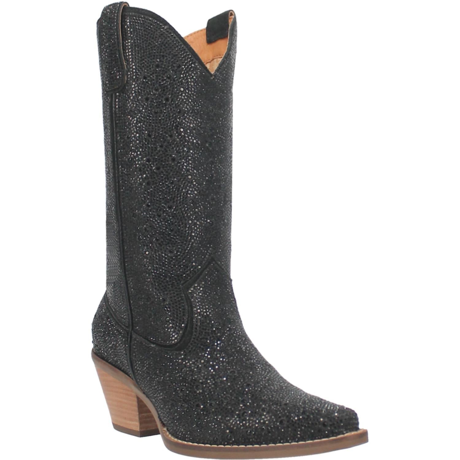A mid calf length black boot with rhinestones from top to bottom, matching leather straps, a short heel, and a V cut at the top. Item is pictured on a white background
