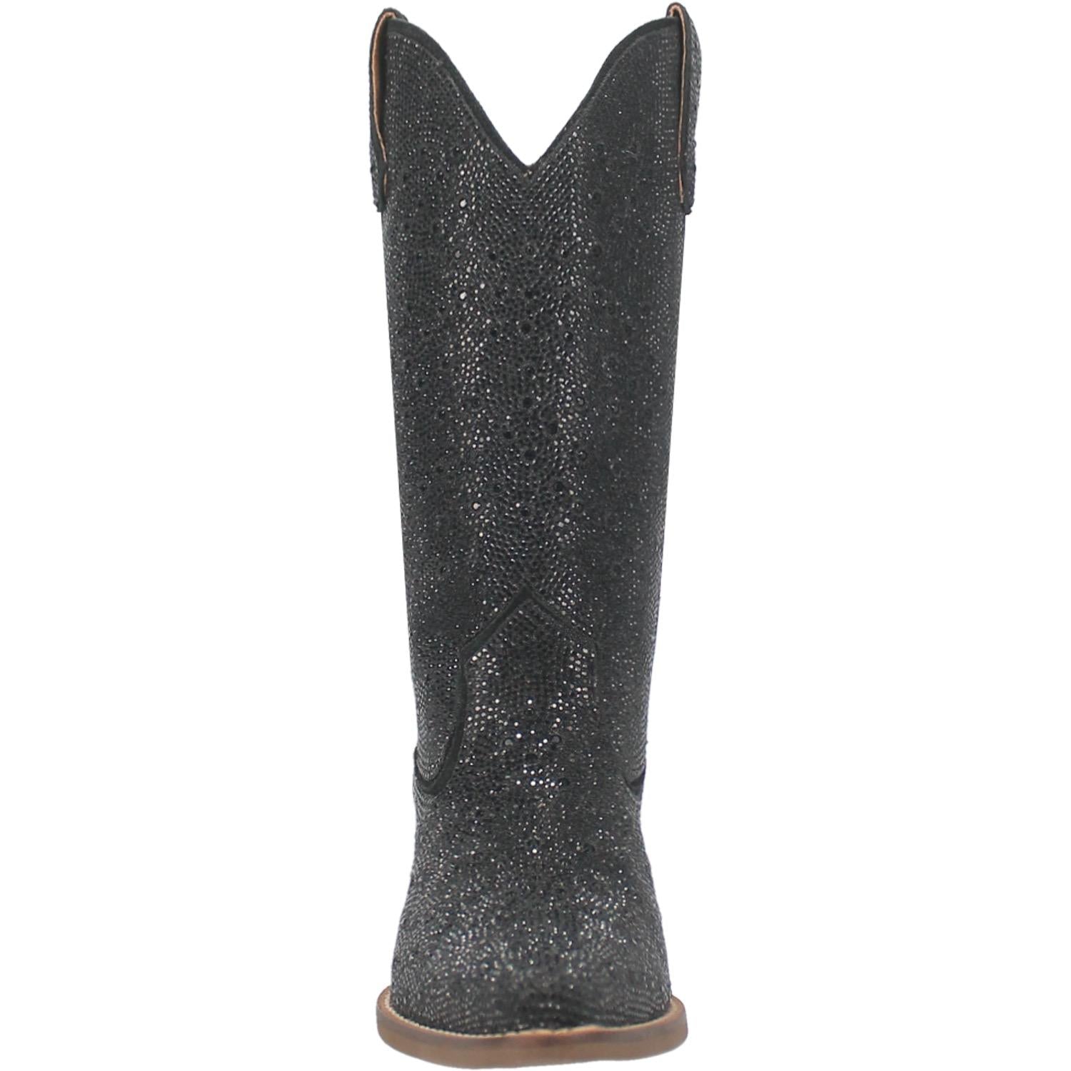 A mid calf length yellow cow print boot. Has a short heel, matching straps, a fur texture, and a V cut at the top. Item is pictured on a plain white background