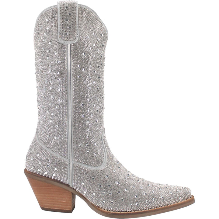 A mid calf length white boot with rhinestones from top to bottom, matching leather straps, a short heel, and a V cut at the top. Item is pictured on a white background