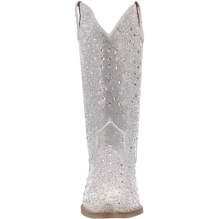 A mid calf length white boot with rhinestones from top to bottom, matching leather straps, a short heel, and a V cut at the top. Item is pictured on a white background