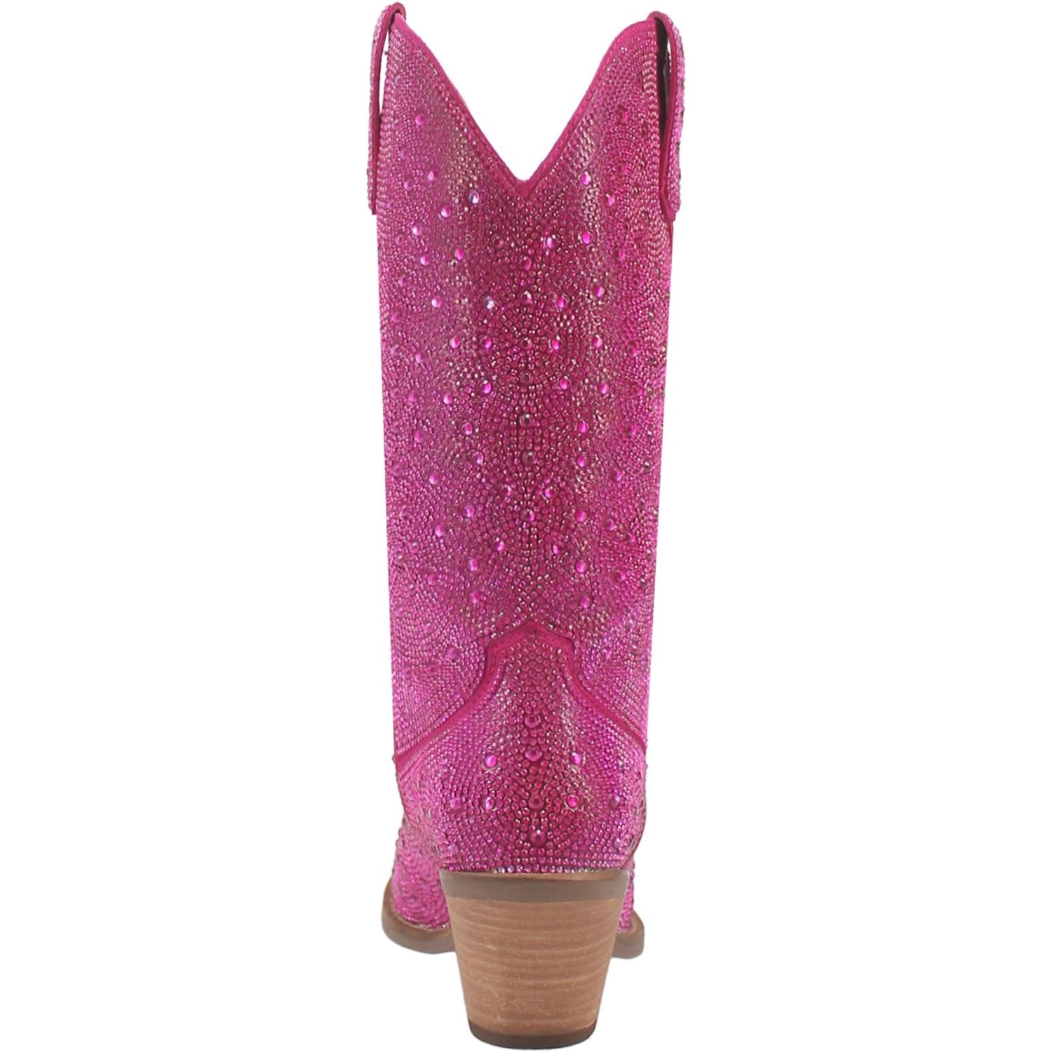 A mid calf length pink boot with rhinestones from top to bottom, matching leather straps, a short heel, and a V cut at the top. Item is pictured on a white background