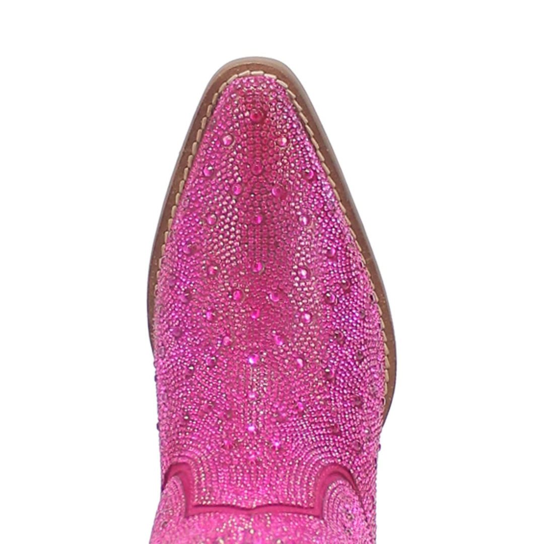 A mid calf length pink boot with rhinestones from top to bottom, matching leather straps, a short heel, and a V cut at the top. Item is pictured on a white background