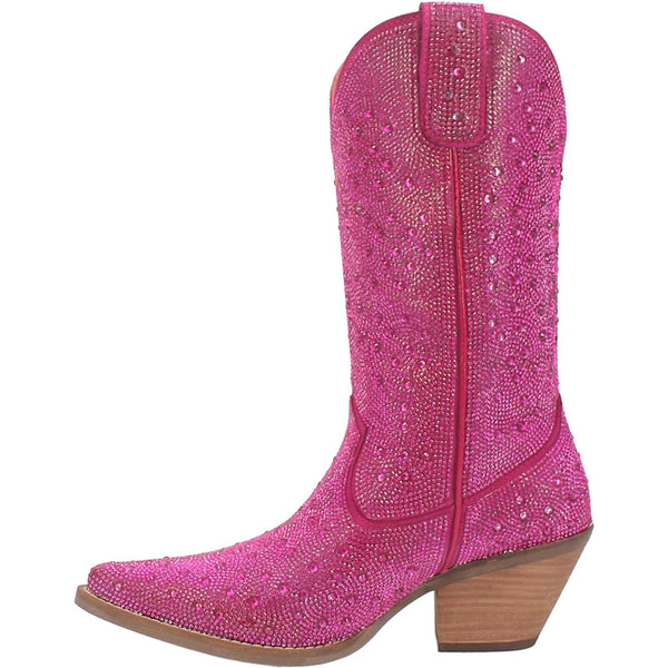 A mid calf length pink boot with rhinestones from top to bottom, matching leather straps, a short heel, and a V cut at the top. Item is pictured on a white background