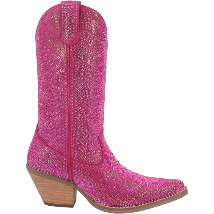 A mid calf length pink boot with rhinestones from top to bottom, matching leather straps, a short heel, and a V cut at the top. Item is pictured on a white background