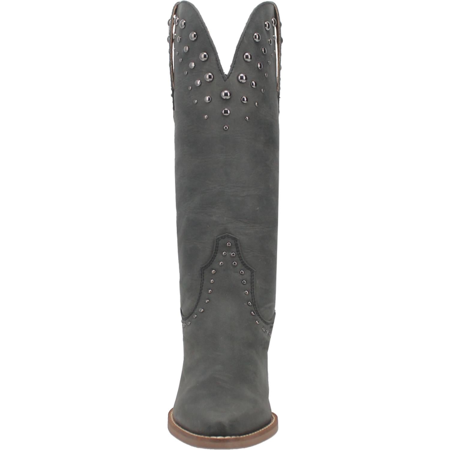 Black mid calf matte leather boots. Features silver stud designs on the top and middle of the boot, short heel, black straps, V line cut at the top, and white stitching. Item is pictured on a plain white background