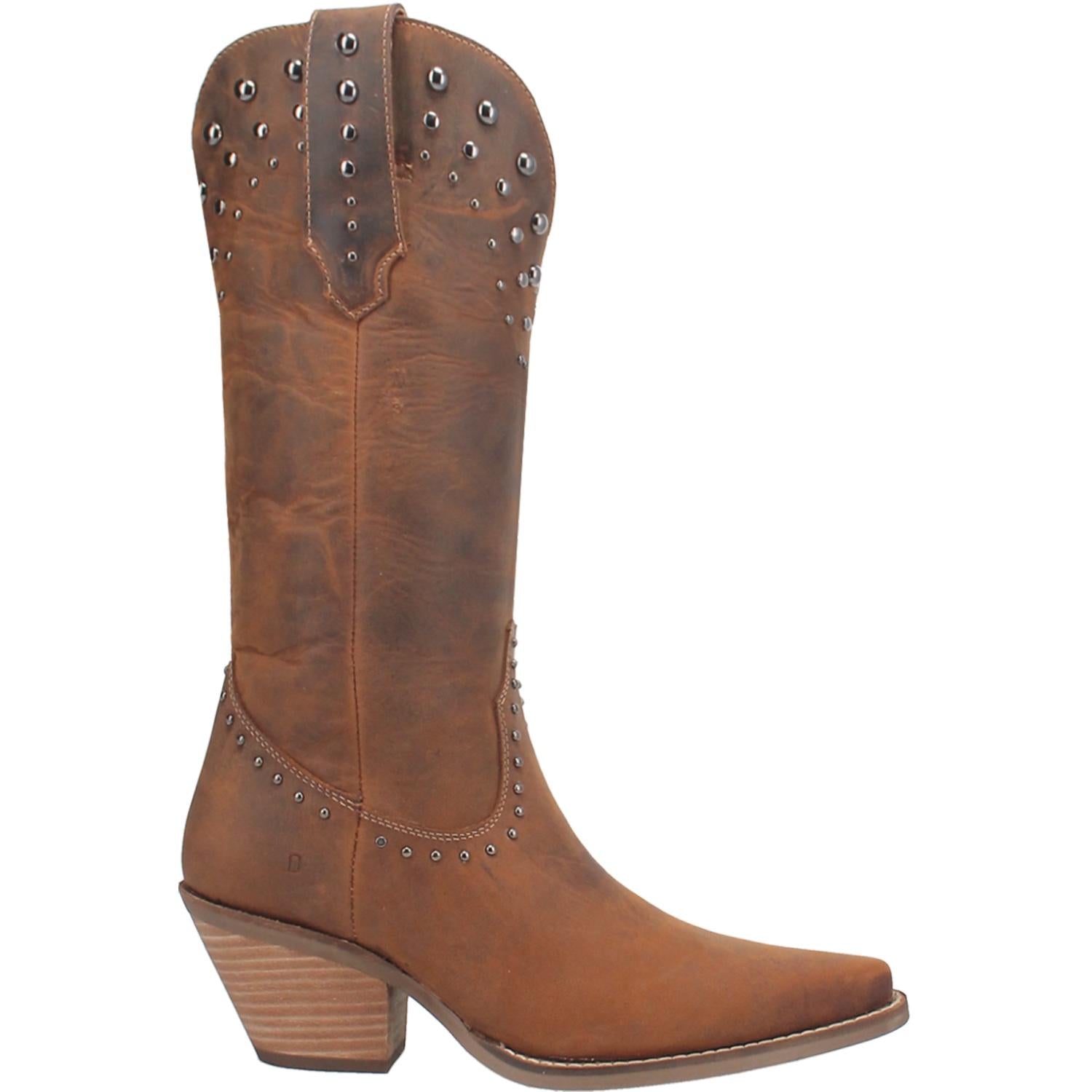 A brown mid calf length leather boot. Features silver stud designs on the top and middle of boot, leather straps, short heel, V cut at the top, and off white stitching. Item is pictured on a plain white background