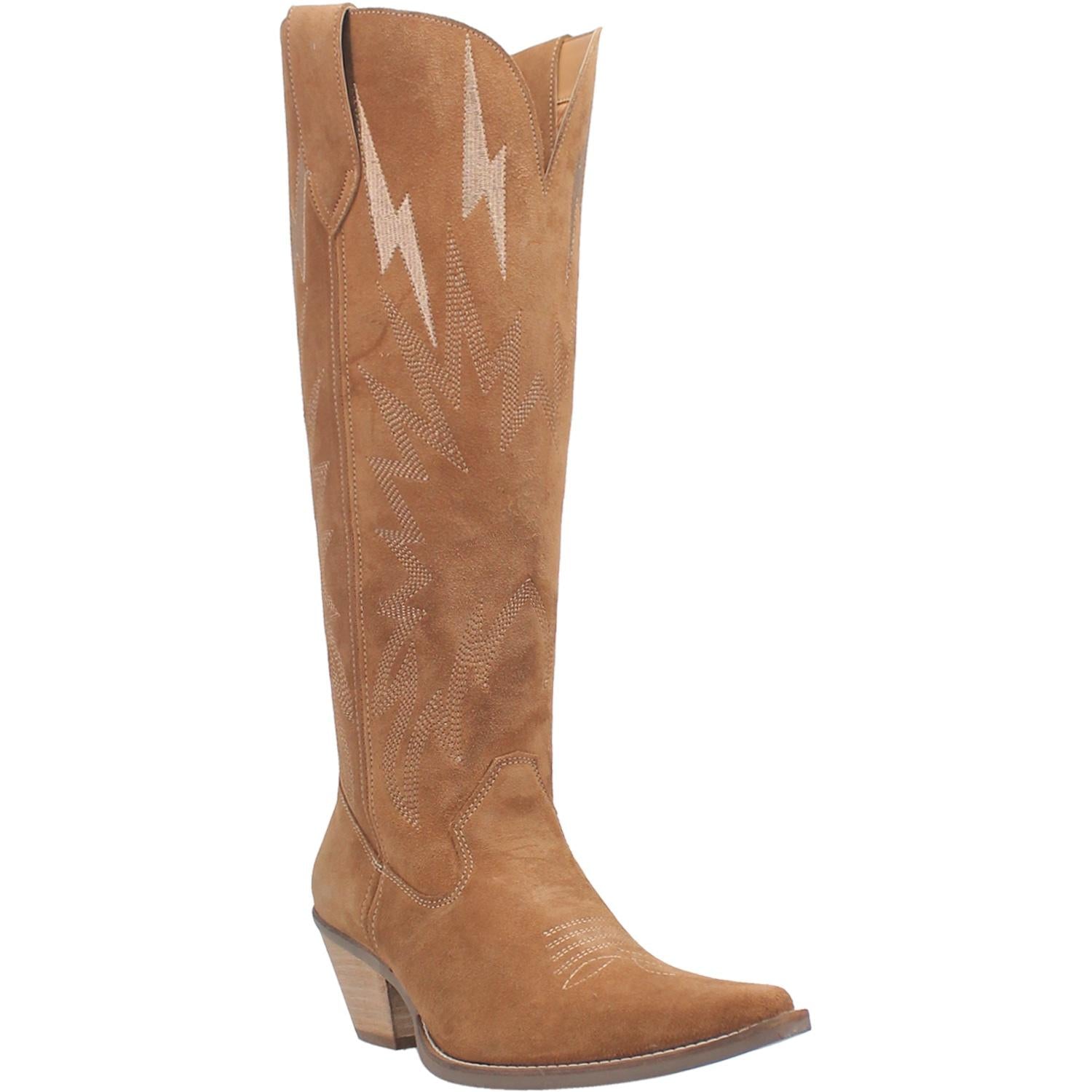 A tall brown boot featuring rhinestone lightning designs, small heel, leather straps, and a V cut at the top. Item is pictured on a plain white background
