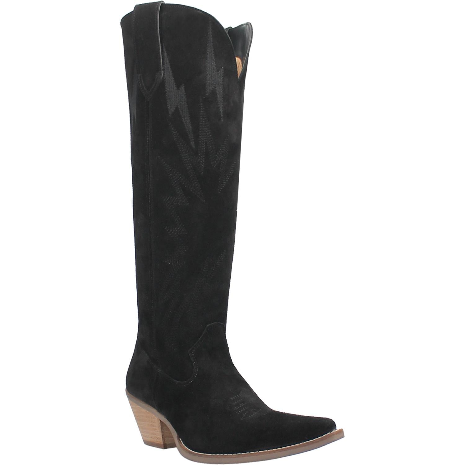 A tall black boot featuring rhinestone lightning designs, small heel, leather straps, and a V cut at the top. Item is pictured on a plain white background