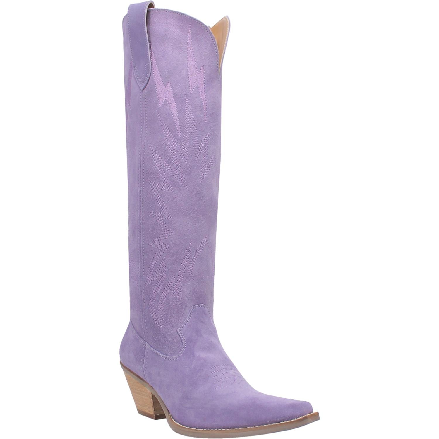 A tall periwinkle boot featuring rhinestone lightning designs, small heel, leather straps, and a V cut at the top. Item is pictured on a plain white background