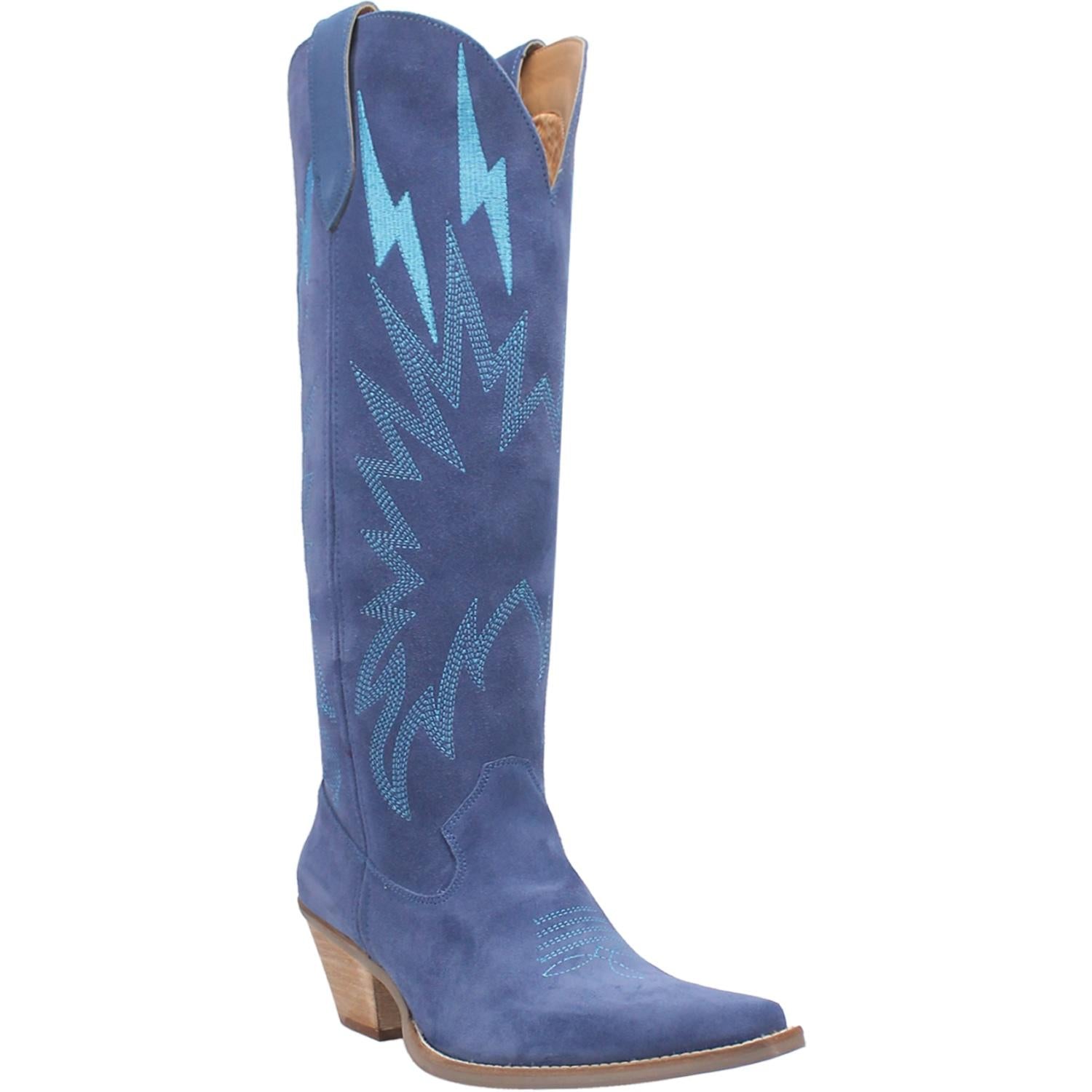 A tall blue boot featuring rhinestone lightning designs, small heel, leather straps, and a V cut at the top. Item is pictured on a plain white background