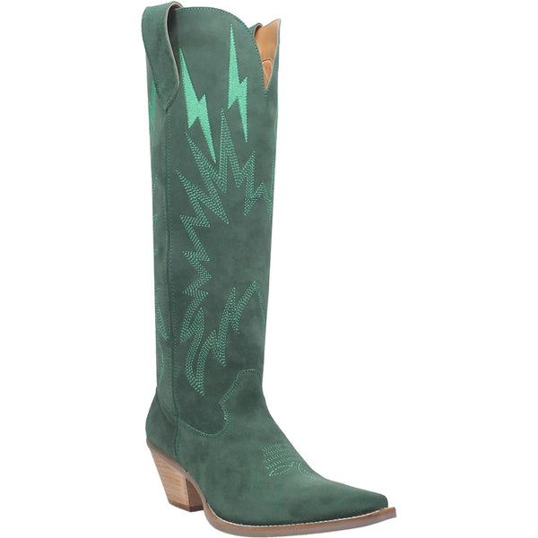 A tall green boot featuring rhinestone lightning designs, small heel, leather straps, and a V cut at the top. Item is pictured on a plain white background