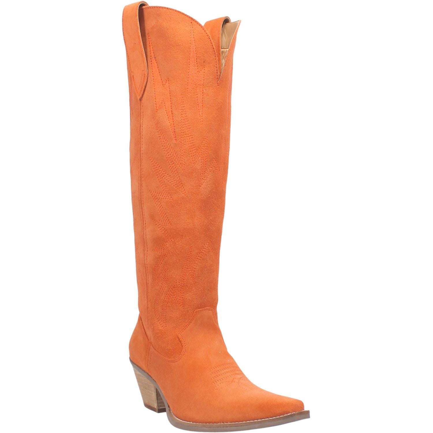A tall orange boot featuring rhinestone lightning designs, small heel, leather straps, and a V cut at the top. Item is pictured on a plain white background