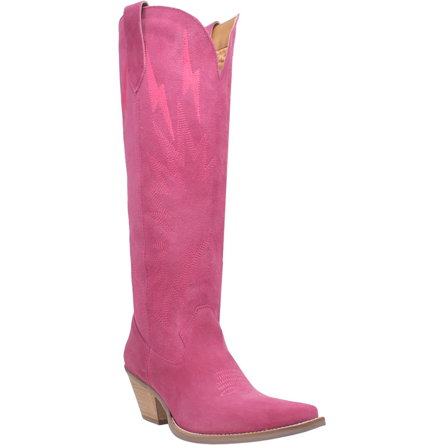 A tall fuchsia boot featuring rhinestone lightning designs, small heel, leather straps, and a V cut at the top. Item is pictured on a plain white background