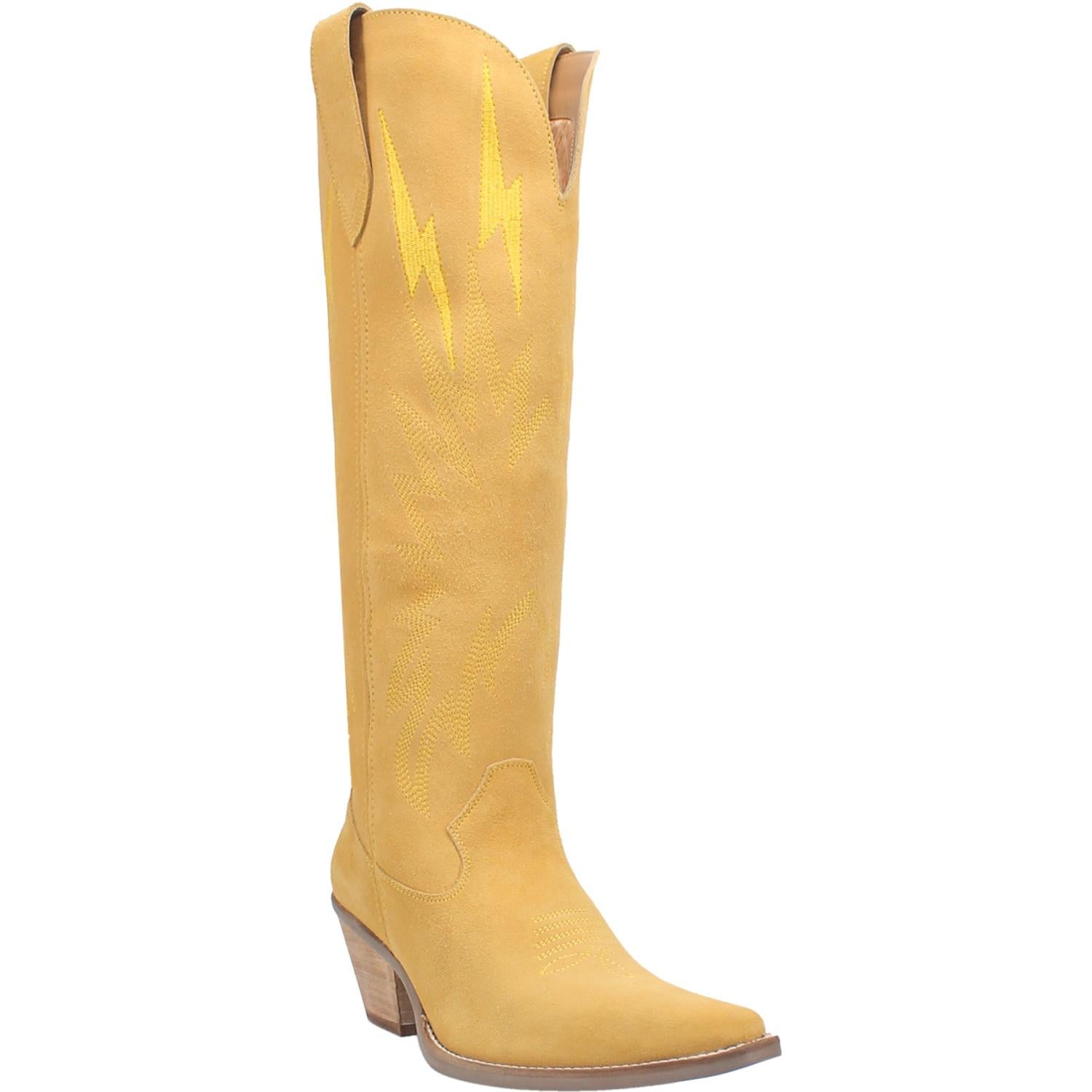 A tall yellow boot featuring rhinestone lightning designs, small heel, leather straps, and a V cut at the top. Item is pictured on a plain white background