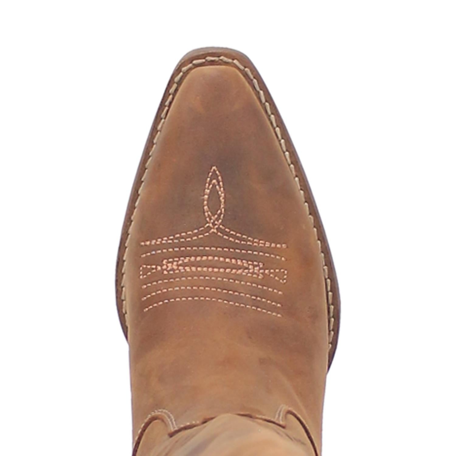 A tall brown leather boot with a short heel, stitched desings at the top and bottom, lace up back, fringe down the right side, and a half zipper. Item is pictured on a plain white background