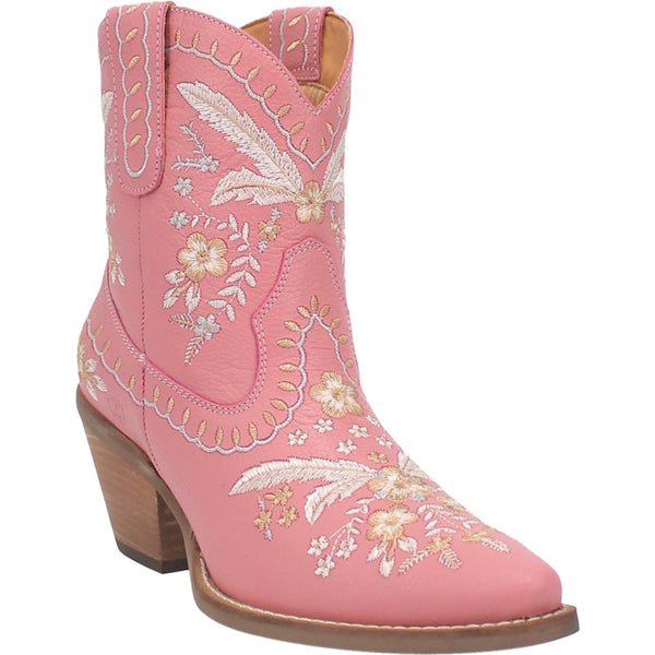 A small pink bootie featuring a white and cream stitched design comprising of flowers and leaves throughout the boot, short heel, a V cut at the top, and matching pink straps